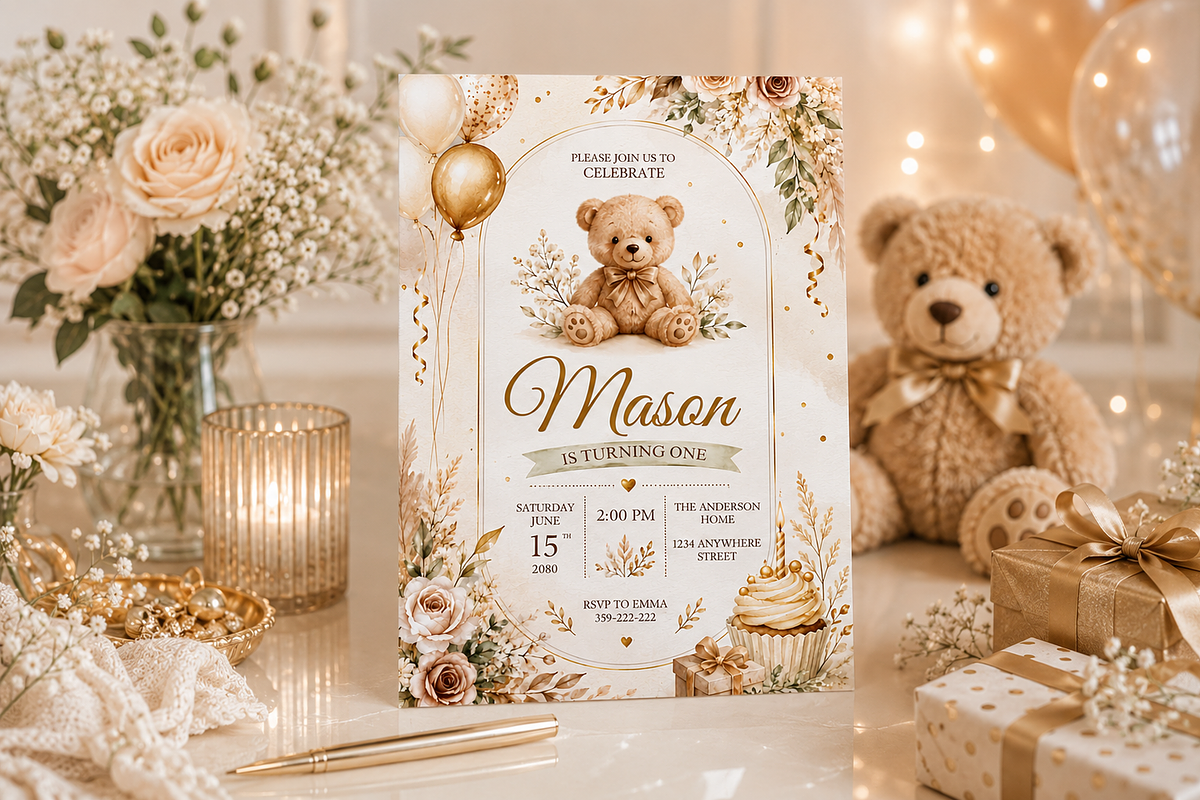 Teddy Bear First Birthday Invitation, an Invitation Template by S Graphic Studio (Photo 6 of 10)