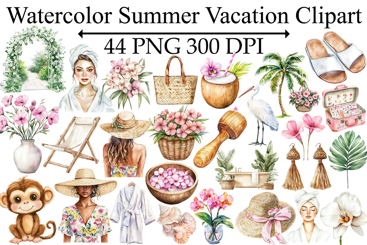 Watercolor Summer Vacation Clip Art, an Illustration by Design Market (Photo 1 of 5)