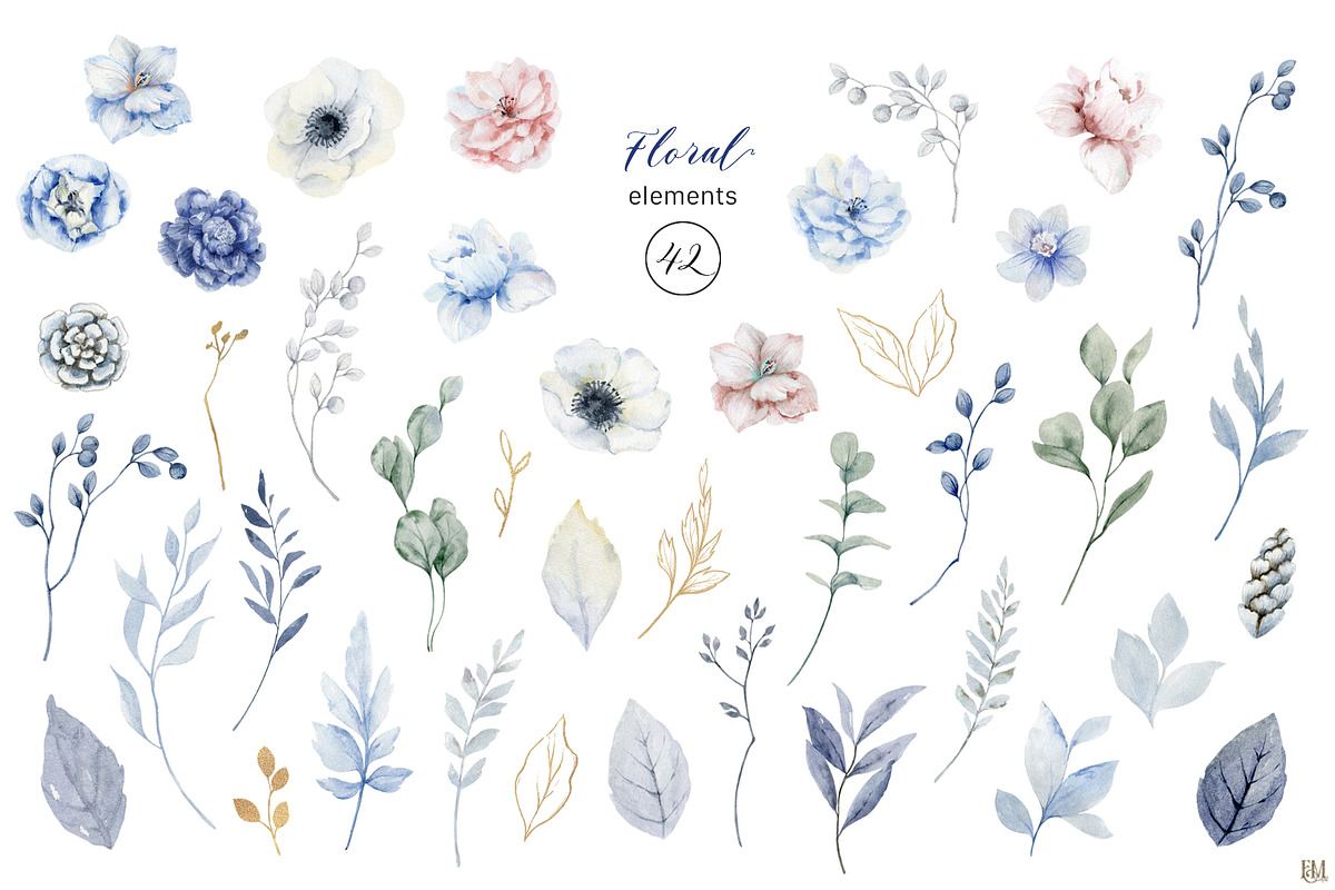 Blue Watercolor Floral Cliparts, a Decorative Illustration by Elena Medvedeva (Photo 2 of 7)