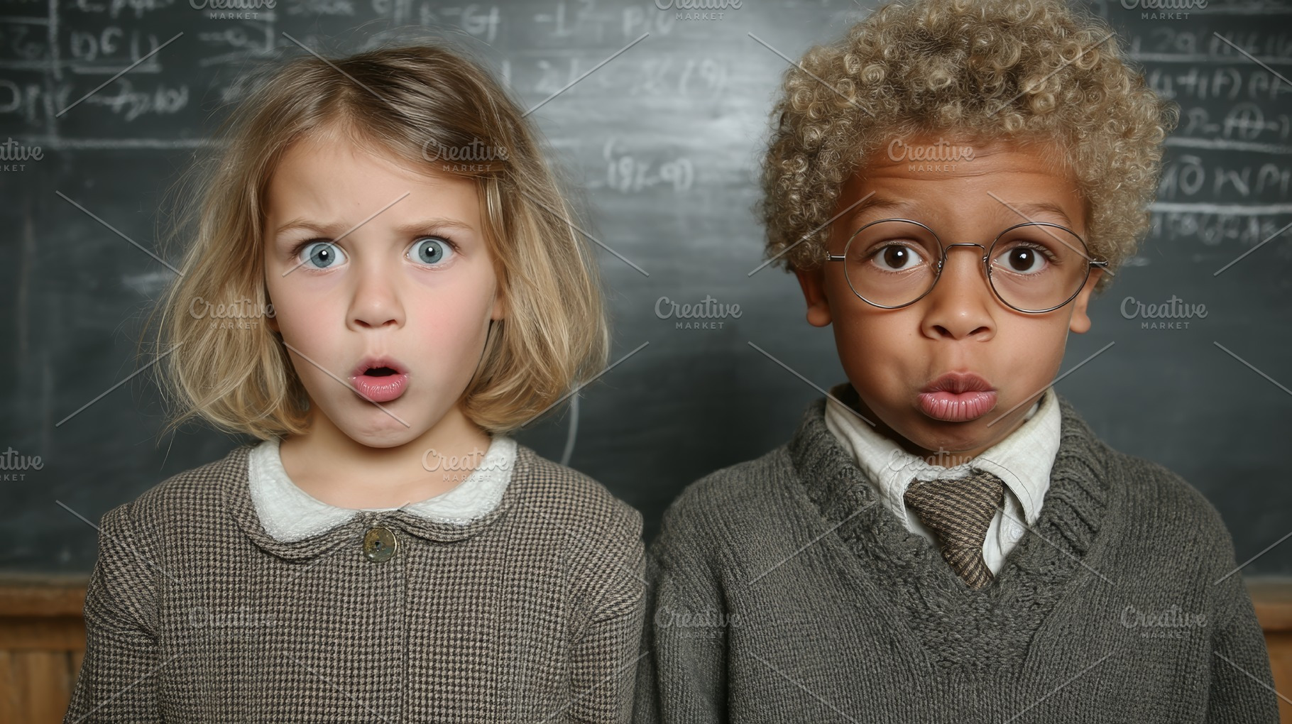 Surprised school kids portrait of two children in a classroom wearing vintage s, a Photo by AS photostudio