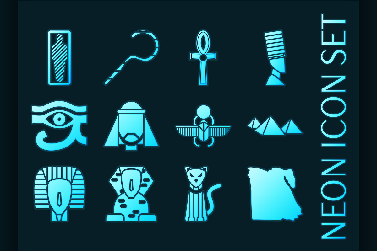 Se of Egypt Blue glowing neon icons, an Icon by Netkoff