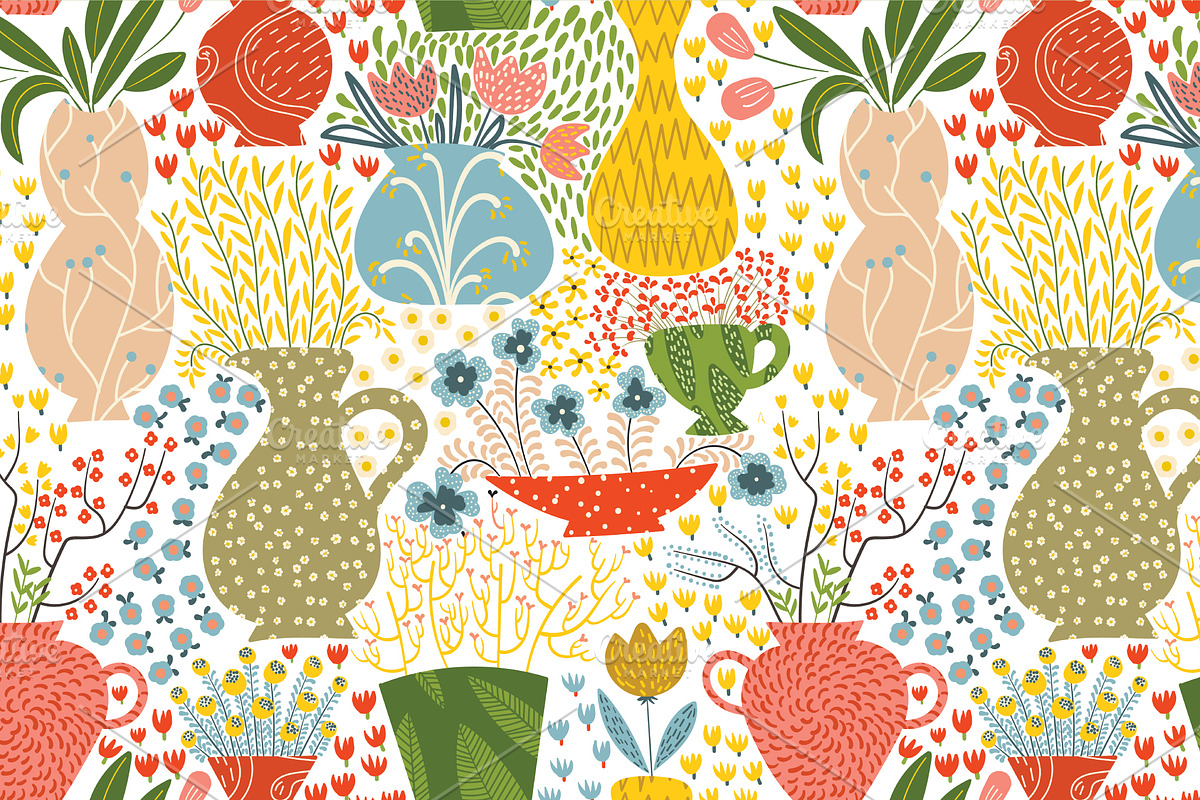 Flowers&Vases seamless pattern, a Pattern Graphic by Daria Miazhevich (Photo 2 of 5)