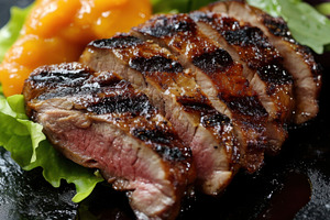 Grilled steak with greens  sauce, a Photo by Beautiful things