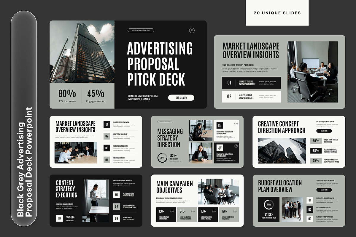 Black Grey Advertising Proposal Deck, a Presentation Template by Sixtemp (Photo 1 of 3)