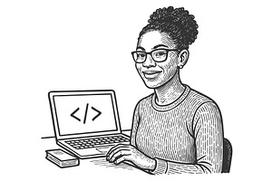 Female Coder Laptop engraving vector, a Technology Illustration by AlexArt