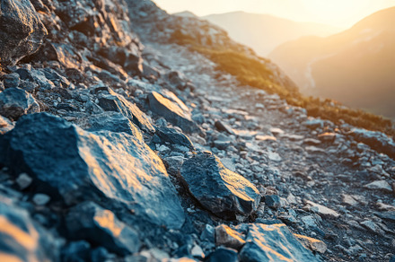 A close-up view of rugged terrain featuring glistening rocks at sunset, creatin, a Background Photo by ImageMir