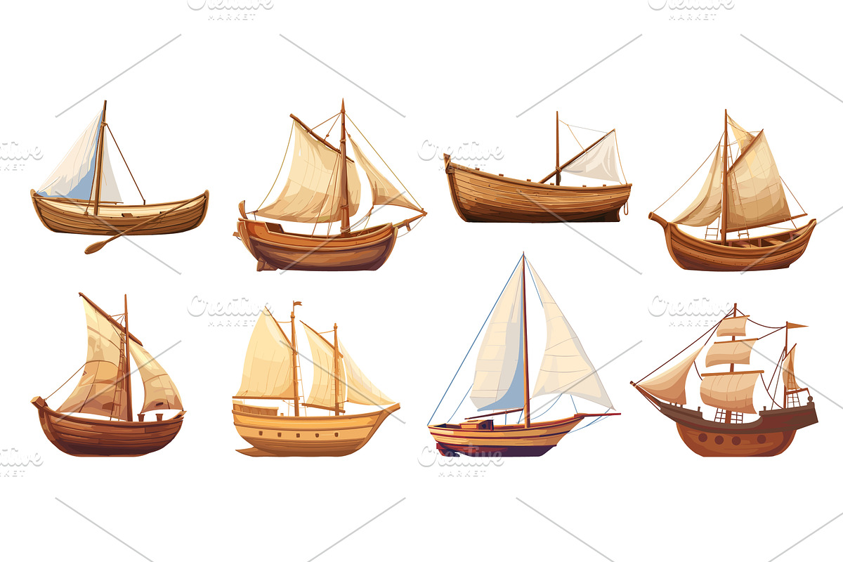 Wooden ships set. Wood boats with, a Transportation Illustration by Valerie Bodnar