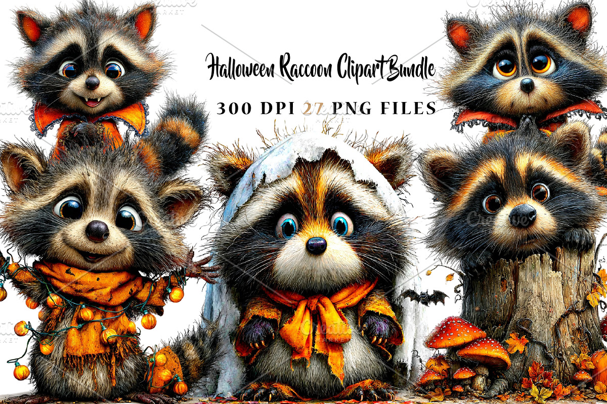 Halloween Raccoon Clipart Bundle, a Seasonal Illustration by CreationArt (Photo 1 of 5)