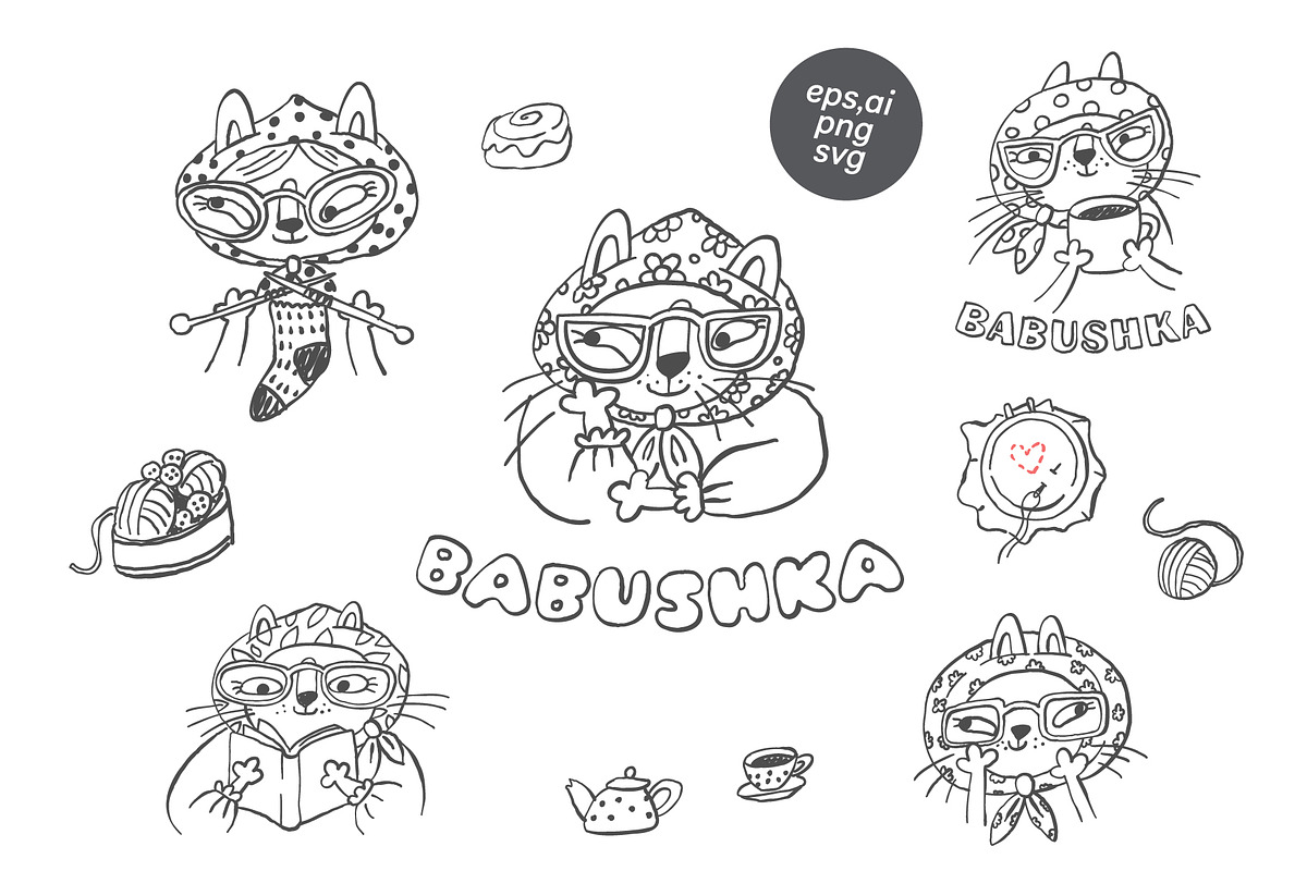 Babushka Cats – Funny Line Art, an Illustration by Anastasiya Klempach (Photo 1 of 4)