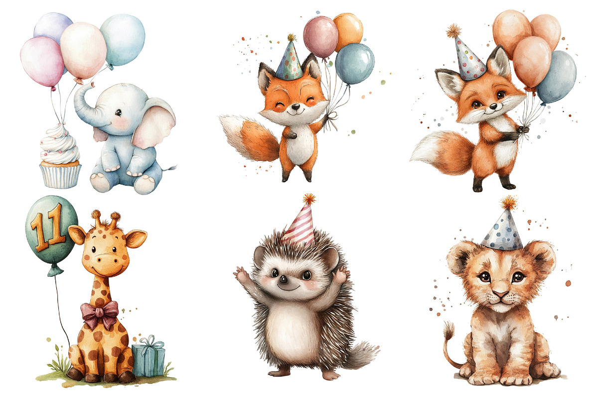 Birthday Baby Animal Clipart png, an Illustration by Watercolor design (Photo 3 of 4)