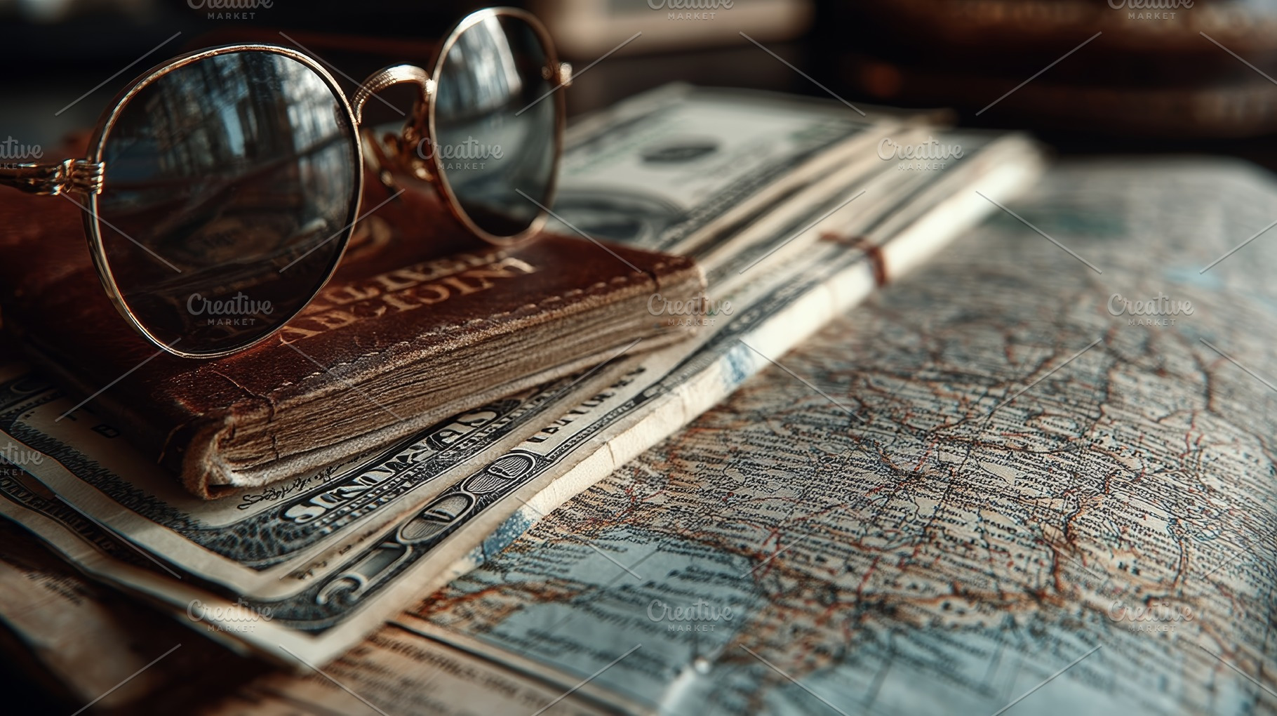 Sunglasses, passport and map on a travel desk with money suggesting budget trav, a Photo by AS photostudio