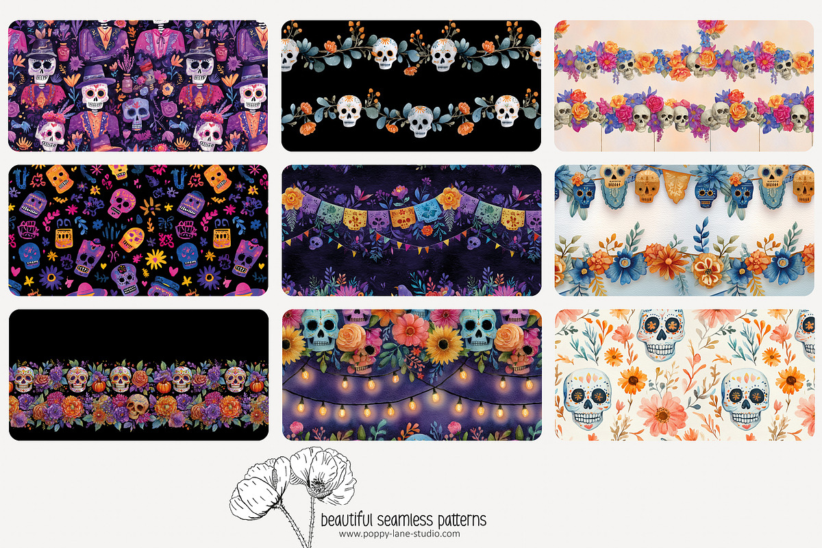 80 Dia de Muertos seamless pattern, a Pattern Graphic by Poppy Lane Studio (Photo 3 of 11)