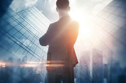 Portrait of bearded gentleman in suit. Double exposure skyscraper on the background. Visual effects., a Business Photo by SFCRCH MOCKUPS