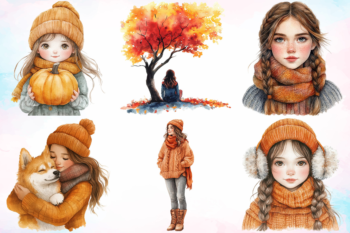Watercolor Autumn Girl Clipart PNG, a Seasonal Illustration by Canvas Craft (Photo 2 of 4)