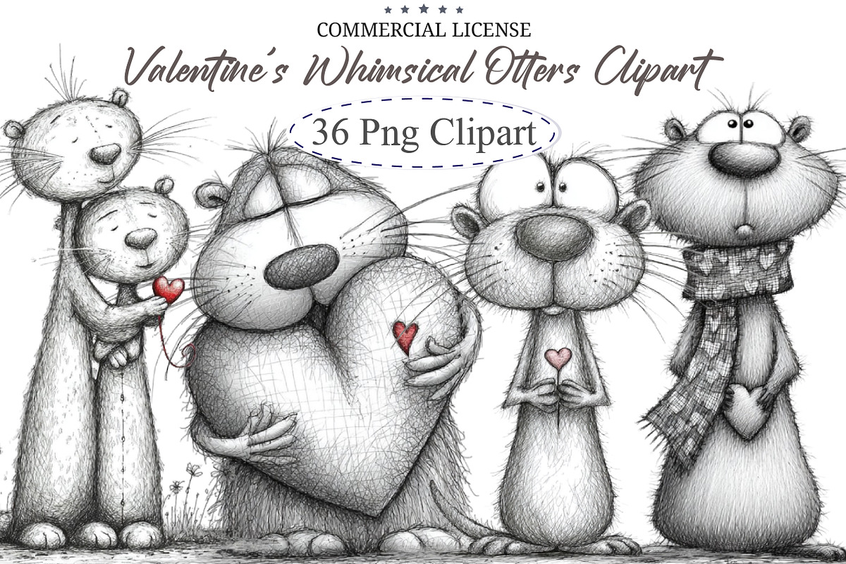 Valentine's Whimsical Otters Clipart, an Illustration by designcity5 (Photo 1 of 5)