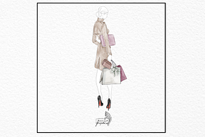 Watercolor Girl Shopping Clipart