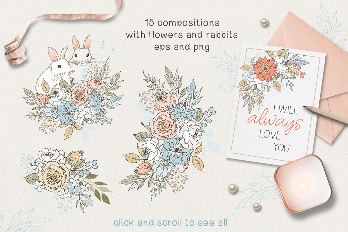 Rabbits and flowers (eps and png), a Decorative Illustration by long summer (Photo 2 of 5)