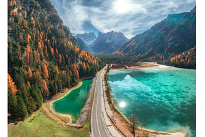 Aerial view of road, azure lakes, a Nature Photo by den-belitsky