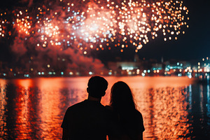 Couple enjoys breathtaking fireworks, a Photo by Pavel_design