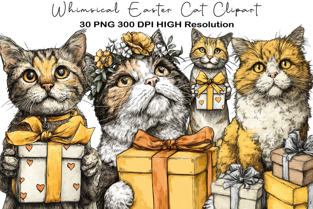 Whimsical Easter Cat Clipart, an Illustration by Black Bird Studio (Photo 1 of 5)