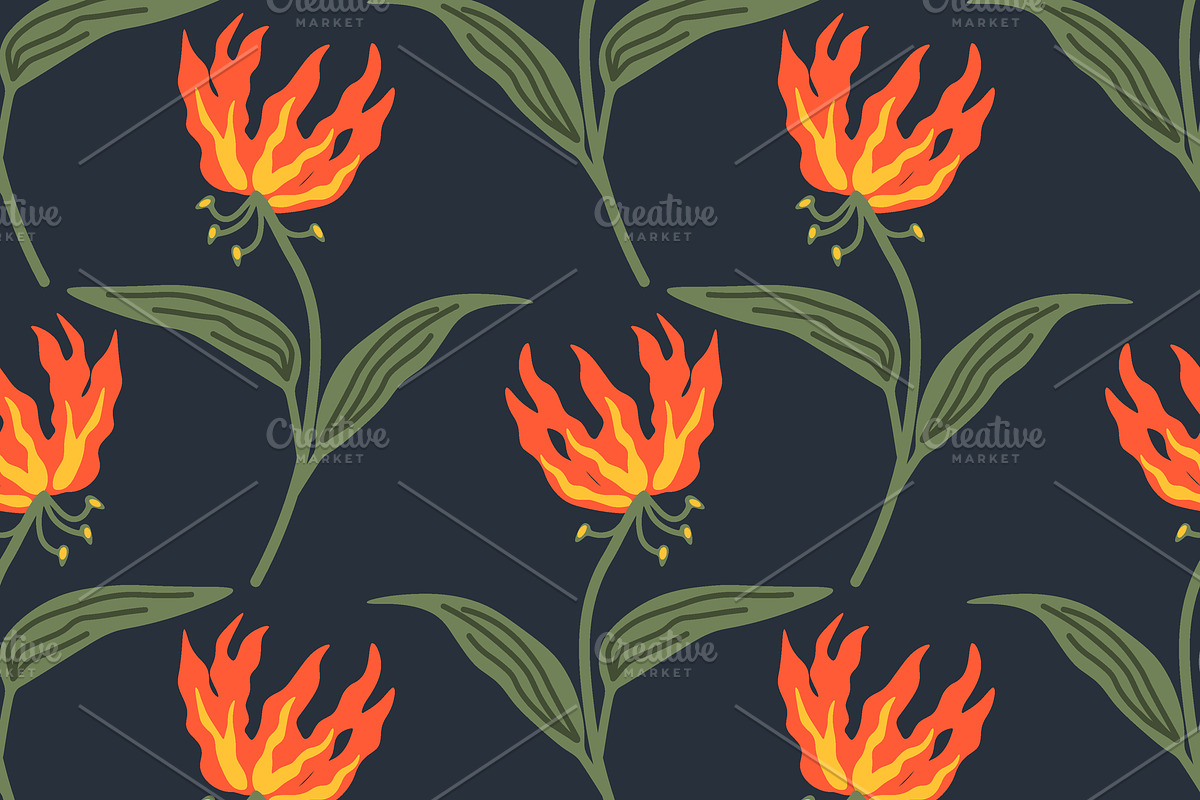 Seamless flame lily, a Pattern Graphic by elyomys (Photo 1 of 3)