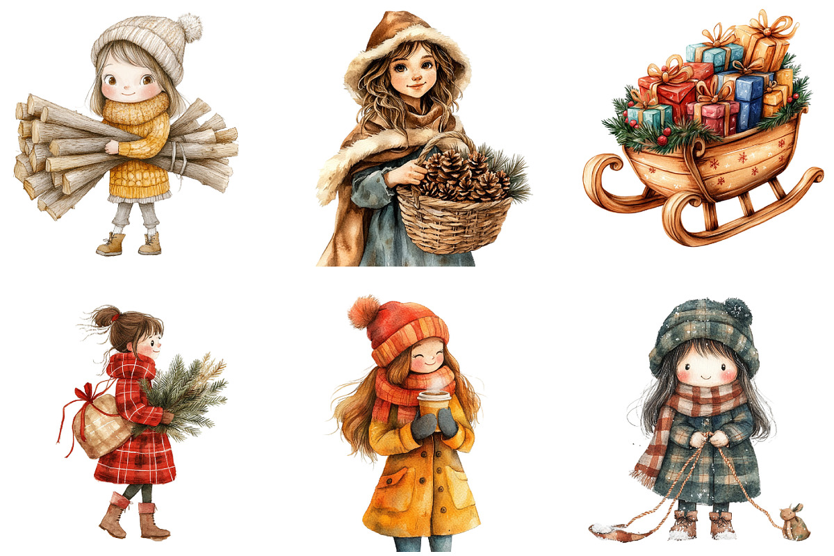 Winter Cottage Girl Watercolor, an Illustration by DreamArtGraphic (Photo 2 of 5)