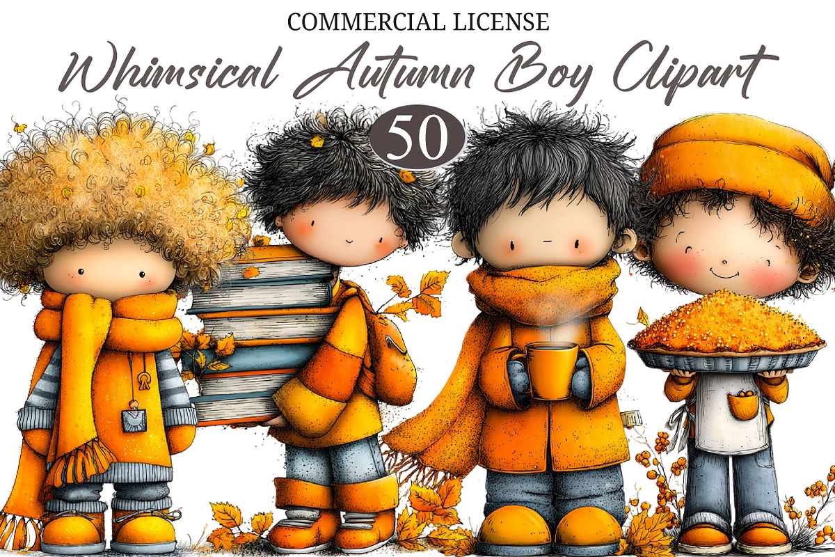 Whimsical Enjoy Autumn Boy Clipart, a Seasonal Illustration by designcity5 (Photo 1 of 5)