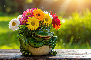 Smiling Frog Planter with Colorful Spring Flowers, a Nature Photo by Davizro's Market