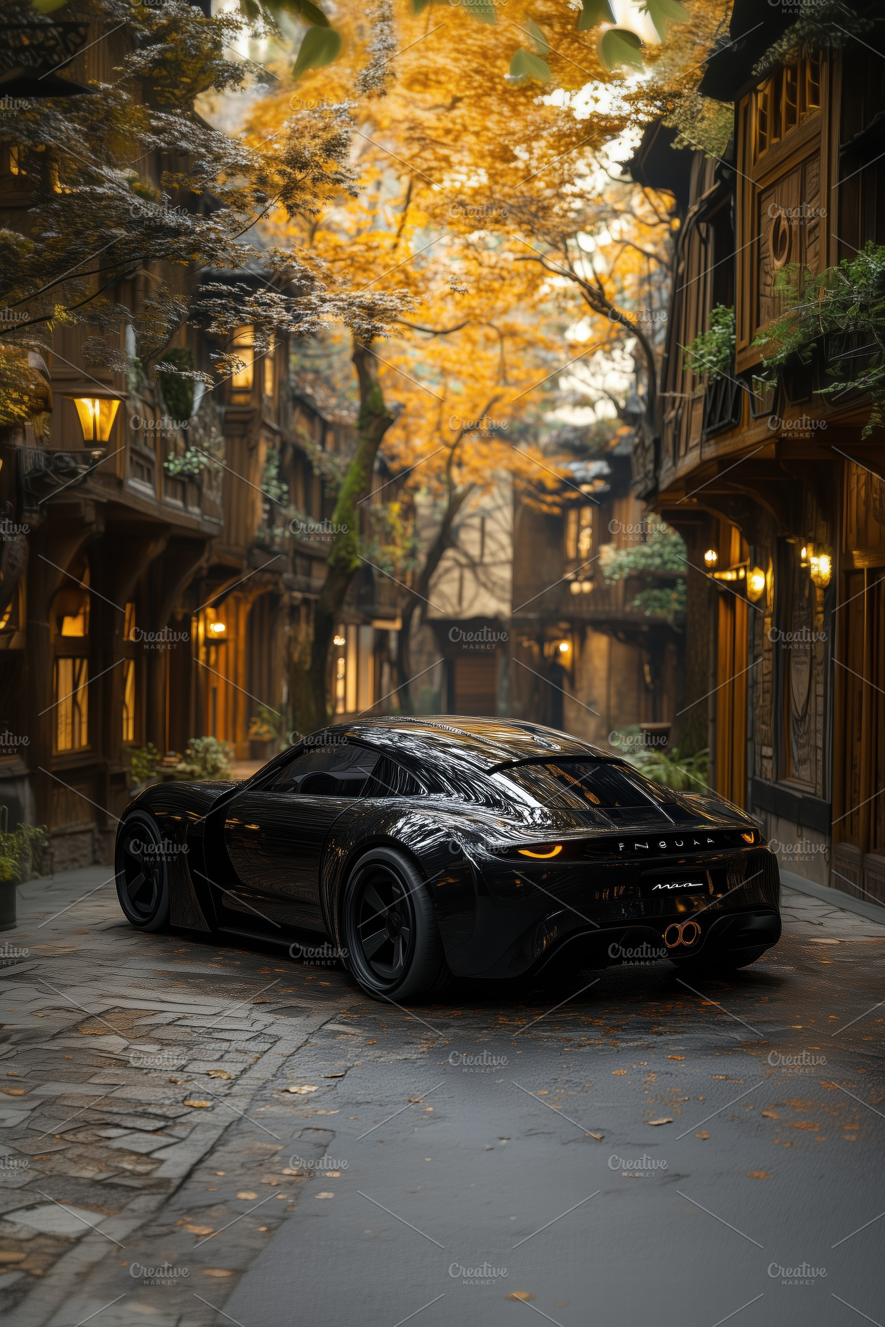 A sleek black sports car parked in a picturesque alleyway surrounded by autumn, a Transportation Photo by Textures & Backgrounds
