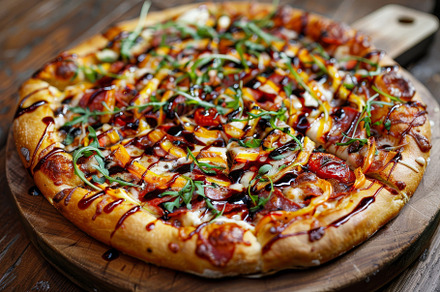 A mouthwatering gourmet pizza featur, a Photo by Tanuart