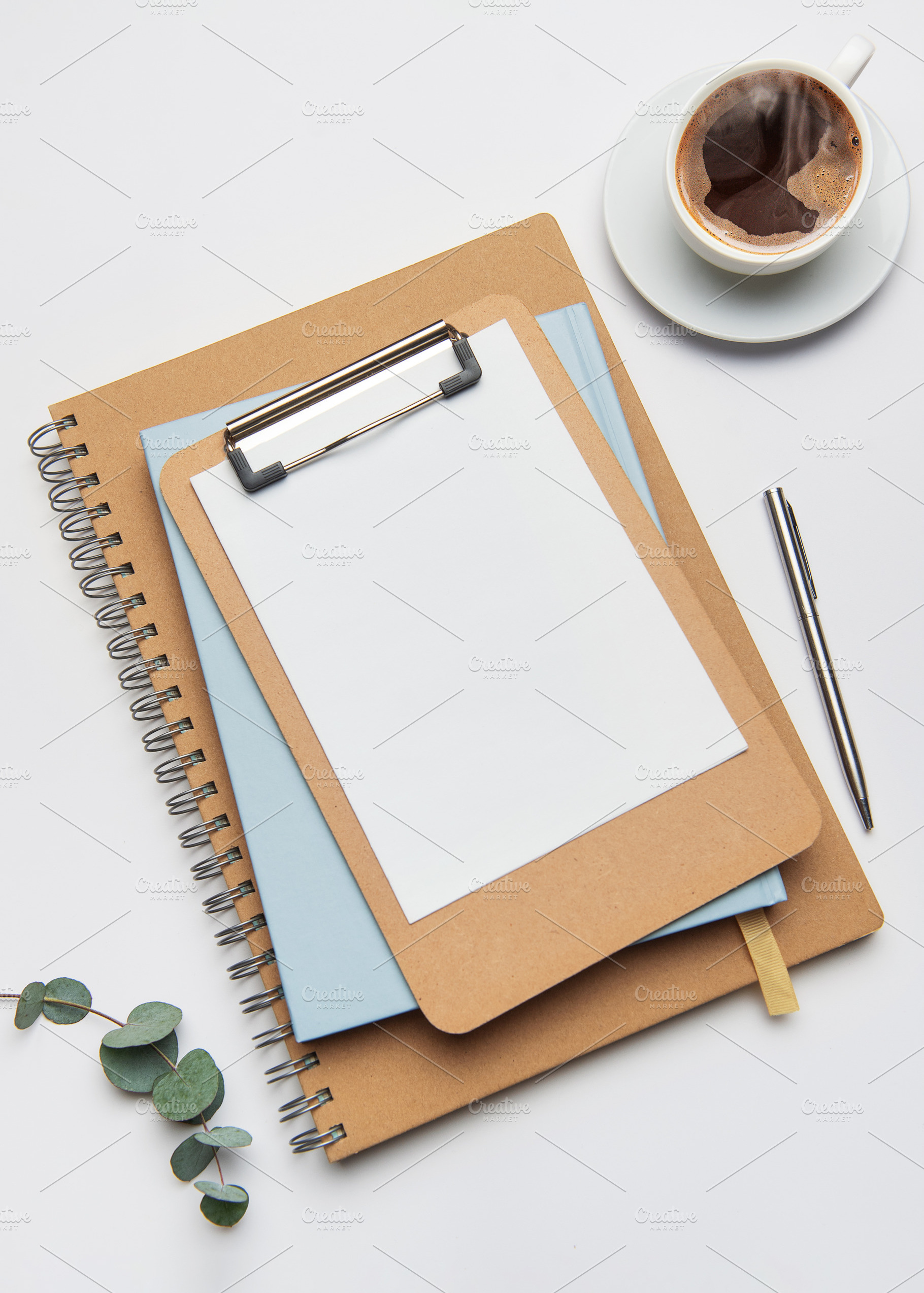 Clipboard, coffee, pen and notebook creating home office workspa, a Business Photo by Olena Rudo