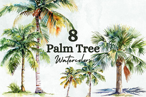 8 Palm Trees Watercolor Clipart