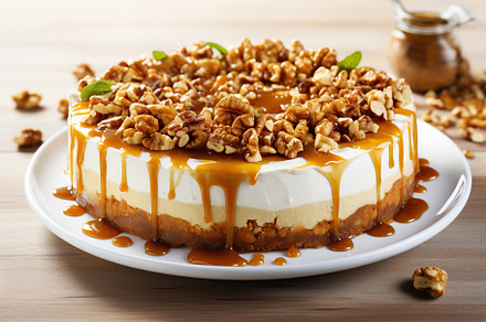 Cheesecake with caramel and nuts on wooden table, a Food & Drink Photo by AlyaAnd