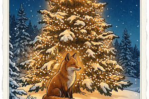illustration of a red fox sitting in the snow beneath a large, i, a Holiday Photo by Imaginarium