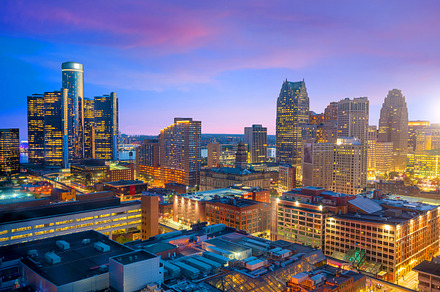 Detroit at twilight featuring aerial, detroit, and michigan, an Architecture Photo by f11photo
