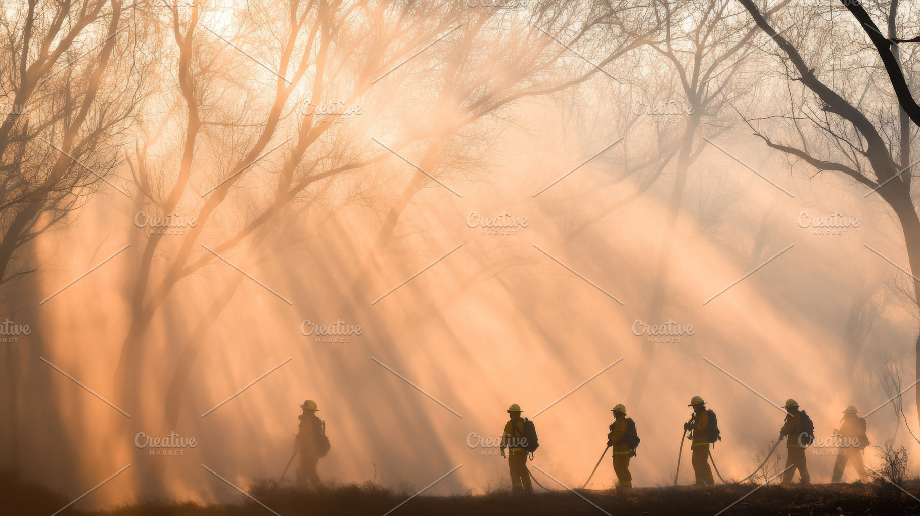 Firefighters walking through forest in early morning light, atmo, a Photo by Dvoevnore photos