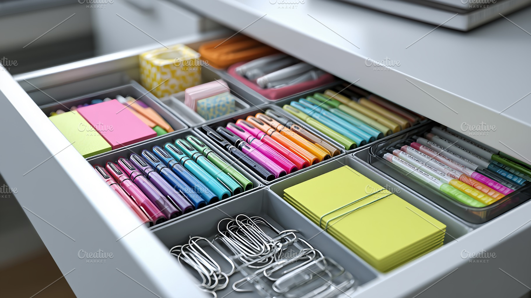 Organized Office Drawer: Colorful Stationery and Supplies Perfectly Arranged fo, a Business Photo by Ocean Digital Art