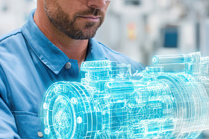 Engineer examining holographic engine component in factory, an Industrial Photo by AlyaAnd