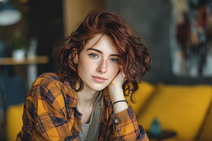 Young woman with curly red hair and, a Person Photo by MistyDay