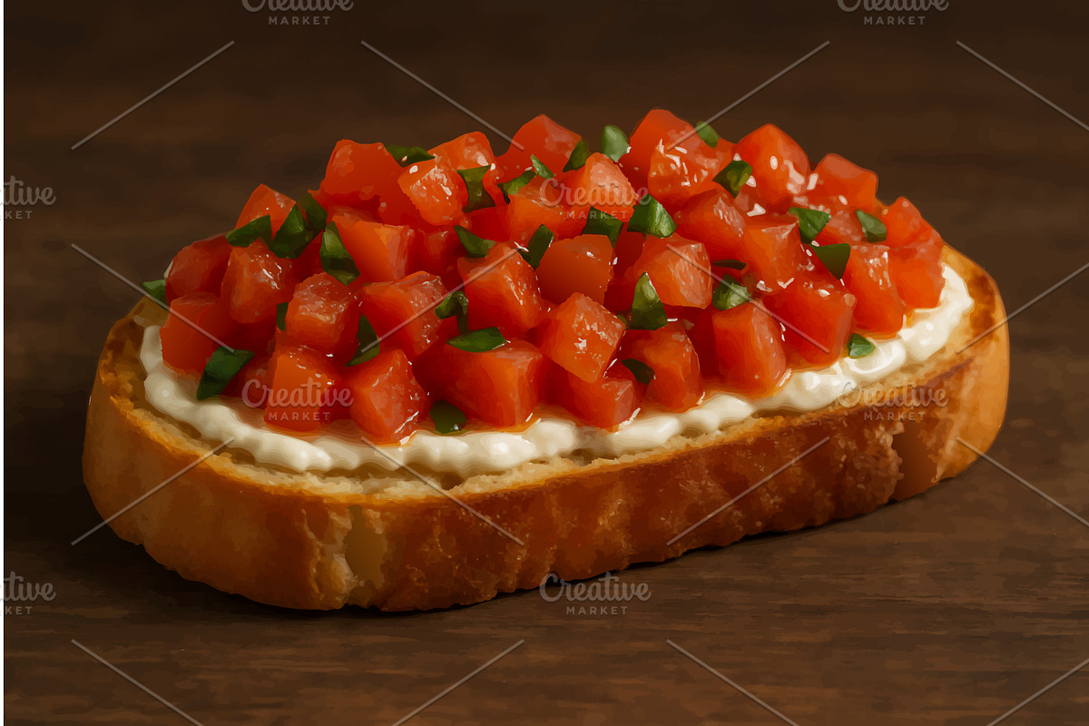 Tomato Bruschetta with Cream Spread, a Food Illustration by AlexArt
