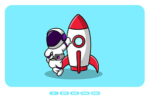 Cute Astronaut Standing On Rocket