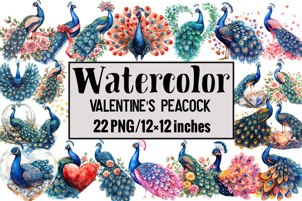 Valentine's Peacock Watercolor, an Illustration by Design Market (Photo 1 of 3)