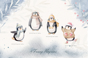 Winter Penguins - Watercolor Clipart