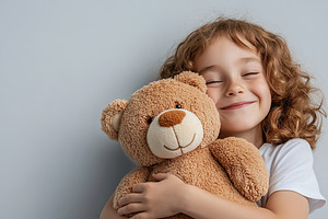 Child joyfully embraces a plush bear in a cozy indoor setting on a sunny day, a Person Photo by AlyaAnd