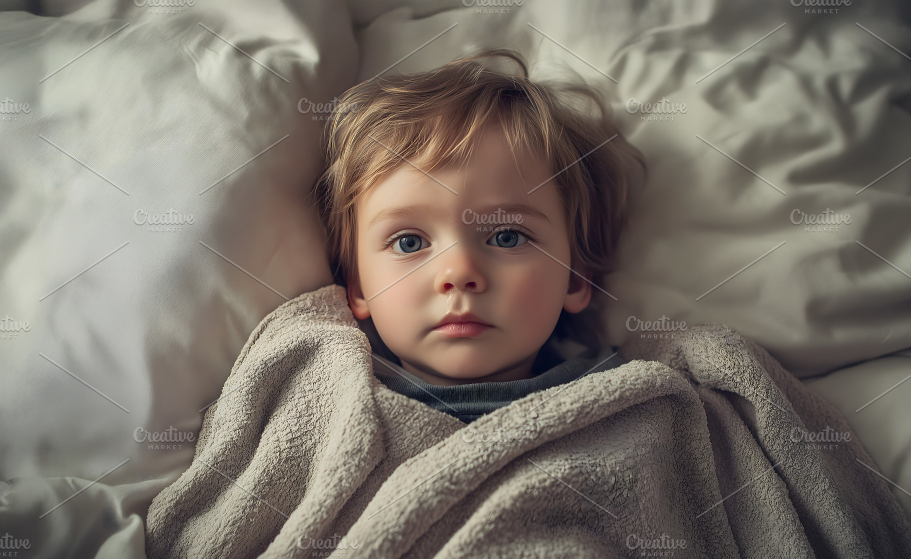Sad little toddler is lying in bed at home or hospital, looking at camera, a Person Photo by Lenor4ik