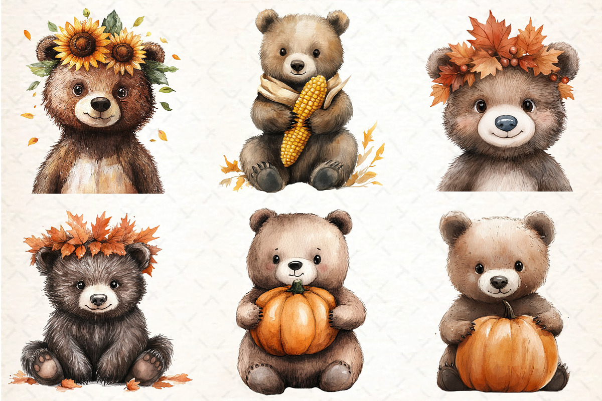 Watercolor Autumn Bear Clipart, an Illustration by DreamCafeArt (Photo 2 of 9)