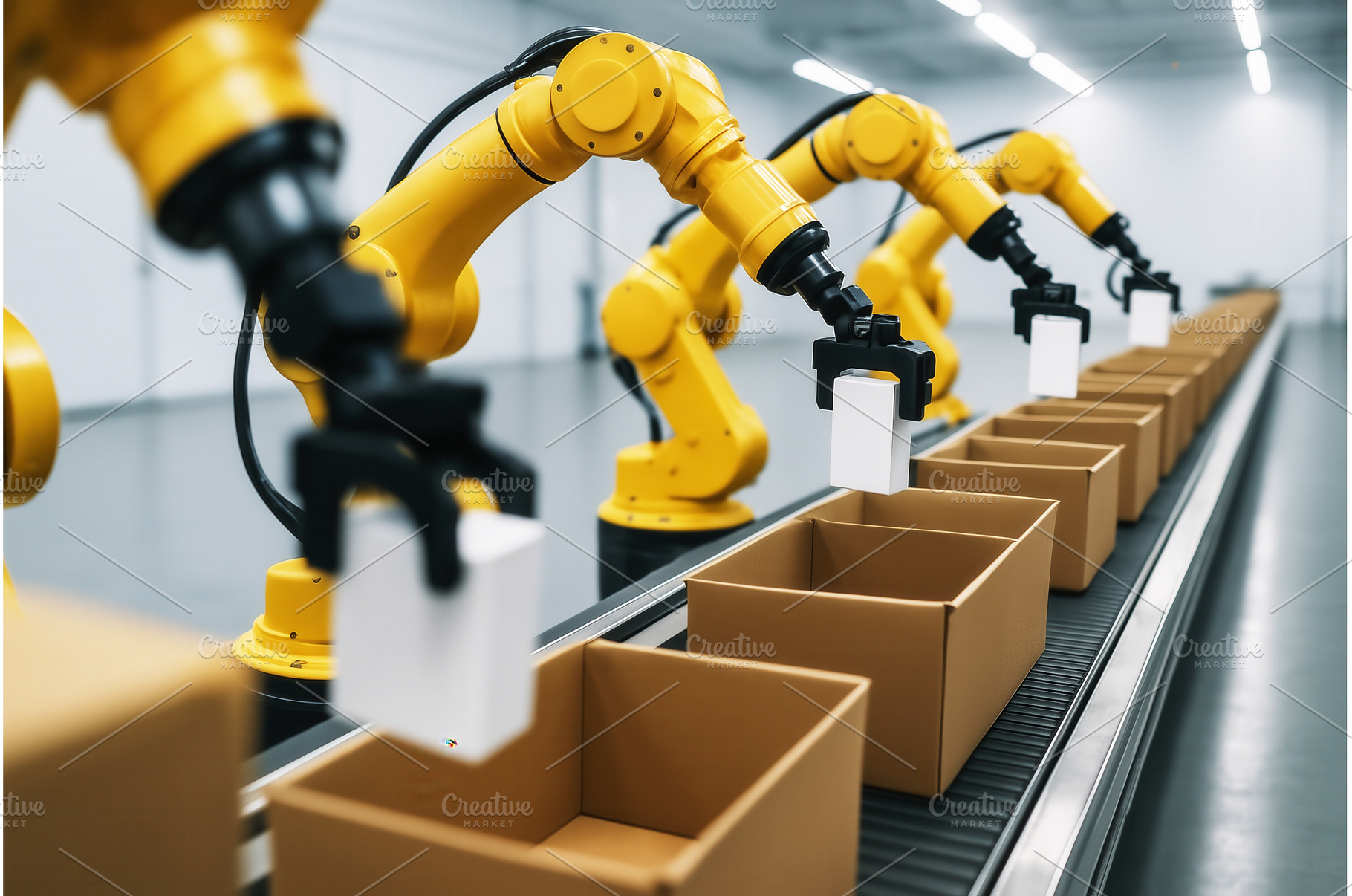 A row of yellow robotic arms, an Industrial Photo by Sergey Kotenev
