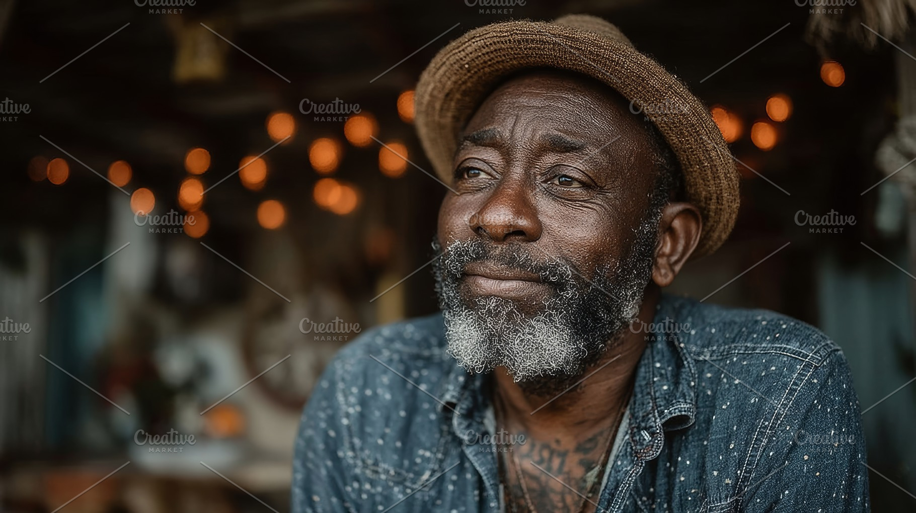 Thoughtful senior man with gray beard and straw hat portrait in a rustic worksh, a Photo by AS photostudio