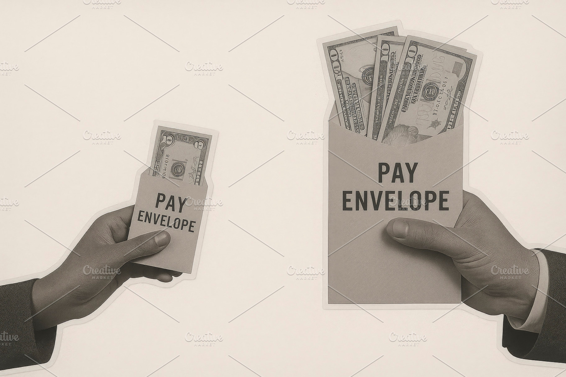 unequal pay envelopes, printed text, generative AI, a Photo by Nito