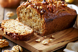 Banana walnut bread loaf with a fresh slice and scattered nuts, a sweet homemad, a Photo by Studio ANNA